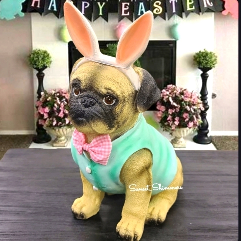 PUG Dog w/ Easter Bunny ears Vest And Courtly Check Bowtie Resin Figure Decor